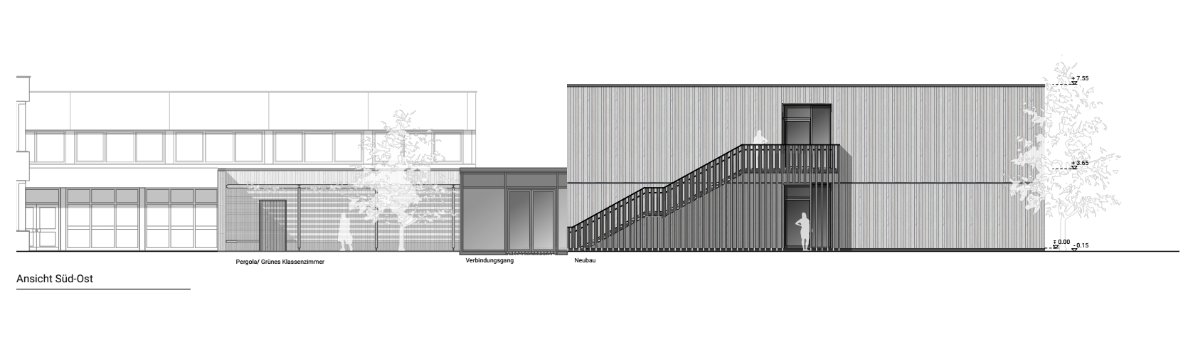 Visualisierung der Süd-Ost-Ansicht mit der Verbindung zwischen Bestandsgebäude und Erweiterungsbau 