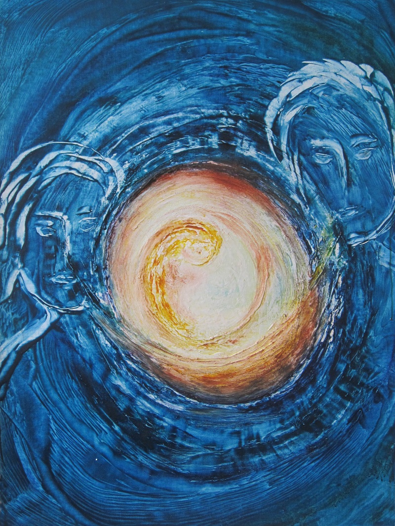 Blaues Gemälde mit zwei Gesichtern