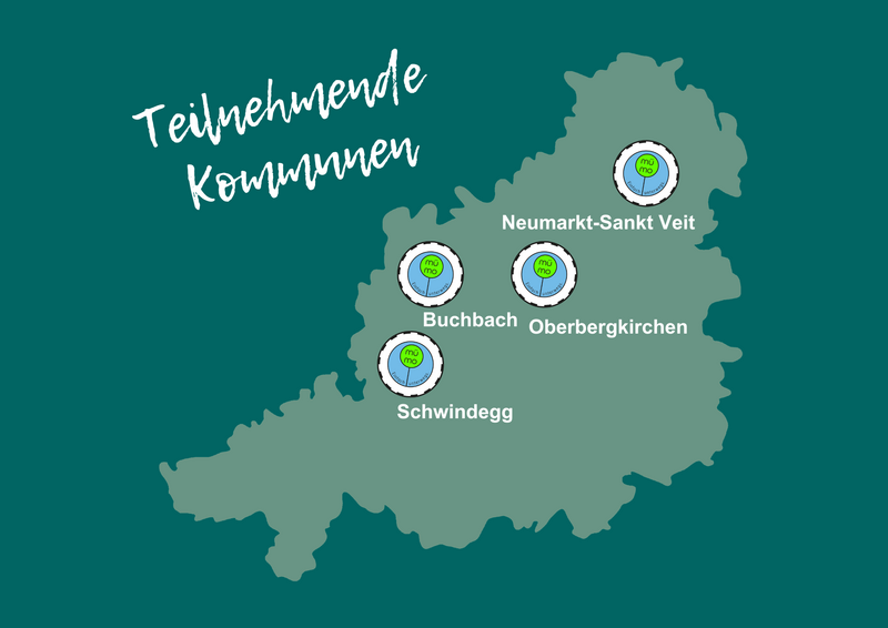 Landkreiskarte mit den mümo-Standorten Neumarkt-Sankt Veit, Oberbergkirchen, Buchbach und Schwindegg