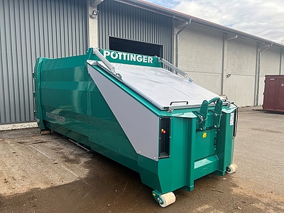 Petrolfarbener Presscontainer für Papier am Wertstoffhof