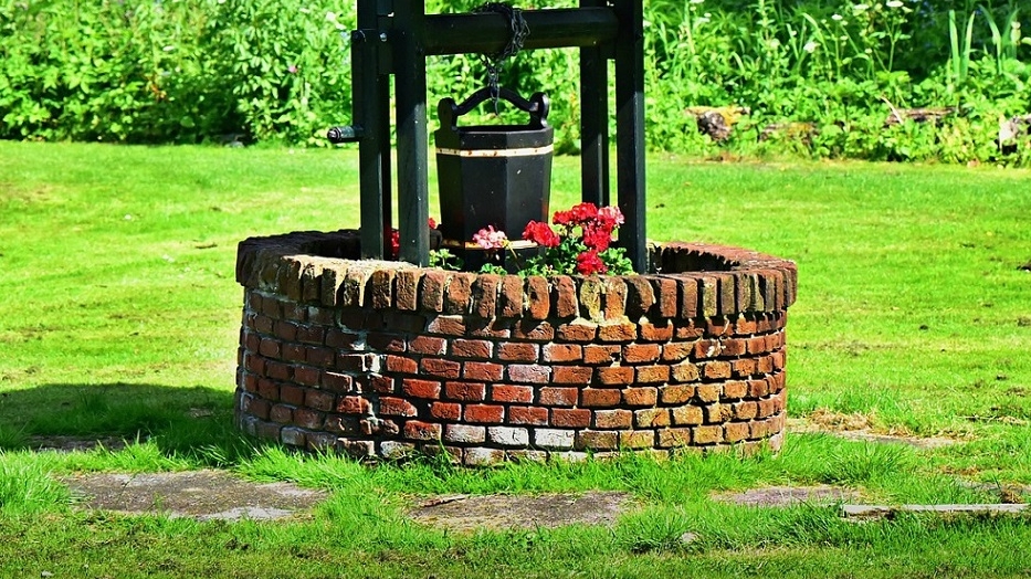 Ziehbrunnen mit Dach auf grüner Wiese