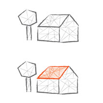 Vereinfachtes Modell der Häuser mit erkannten Dachflächen und der umgebenden Objekte (z.B. Bäume)