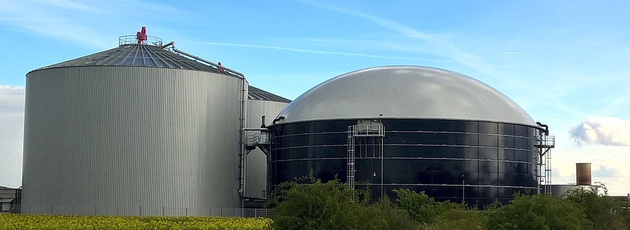 Das Bild  zeigt eine komplette Biogasanlage von der Seite