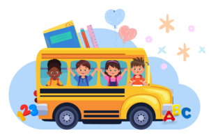 Illustration Schulbus mit Schülern
