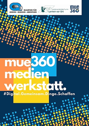 Schriftzug mue 360 medienwerkstatt auf blauem Hintergrund