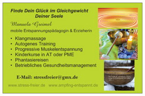 grünes Poster mit Bildern und Informationen zum angebotenen Programm von Entspannungspädagogin Manuela Greimel