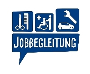 Weiße Symbole auf blauem Hintergrund und der Schriftzug Jobbegleitung