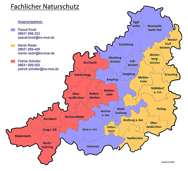 Landkreiskarte, bei der in rot, blau und gelb die Gebietsverteilung auf 3 Sachbearbeiter markiert ist.