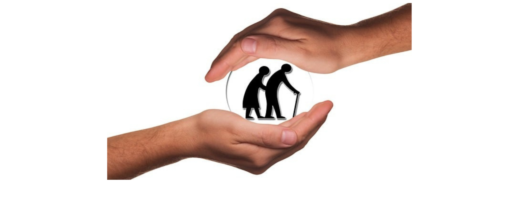 Zwei schützende Hände legen sich über zwei Senioren, einer davon hat einen Gehstock.