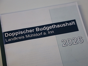 Heft mit der Aufschrift: "Doppischer Budgethaushalt. Landkreis Mühldorf a. Inn