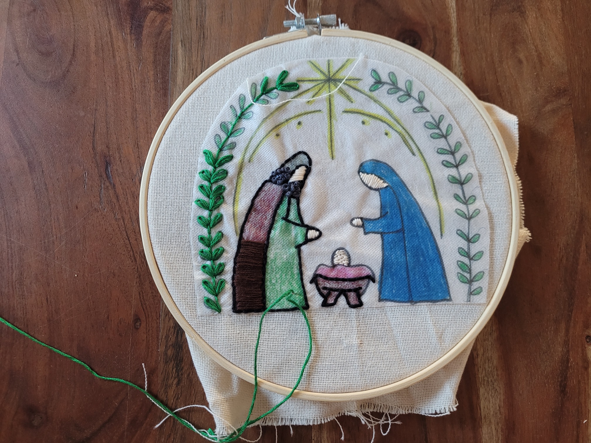 Gesticktes, weihnachtliches Motiv einer Krippe