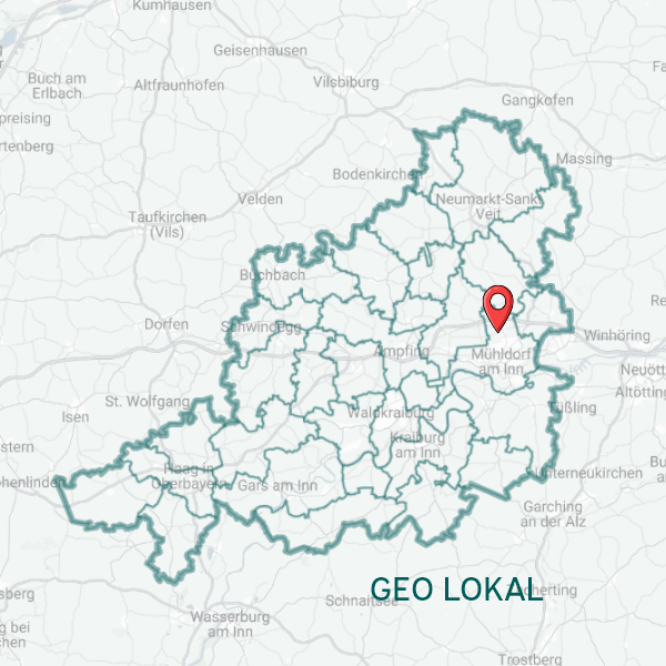 Landkarte des Landkreises Mühldorf a. Inn mit Pin 
