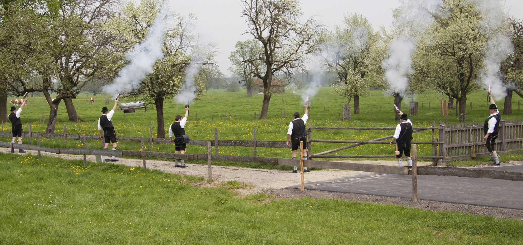 Trachtenverein schießt auf einem Feld mit Gewehren in die Luft