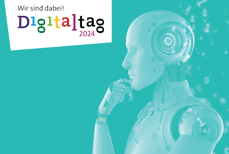 Denkender Roboter und Signet "Wir sind dabei - Digitaltag 2024"