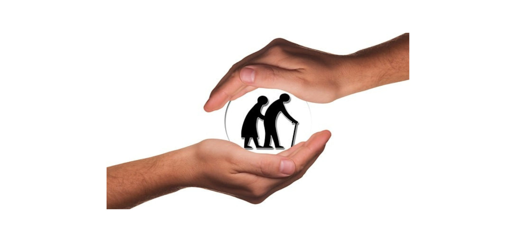 Zwei schützende Hände legen sich über zwei Senioren, einer davon hat einen Gehstock.