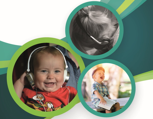 In drei Kreisen sind drei Kleinkinder abgebildet. zwei davon tragen Kopfhörer, das dritte hat ein Heft auf den Oberschenkeln liegen und lacht fröhlich