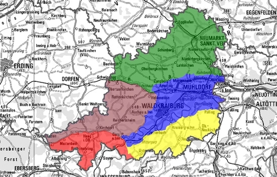 Landkreiskarte mit farblich unterlegten Naturraumeinheiten