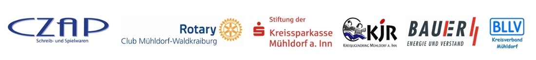 Abgebildete Logos der Firmen CZAP-Schreibwaren, Bauer-Energie und Verstand, Rotary Club, Stiftung der Kreissparkasse, Kreisjugendring und BLLV Mühldorf