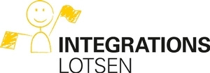 Gelbes Strichmännchen mit Flaggen und dem Schriftzug Integrationslotsen. 