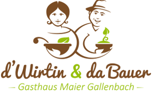 Logo mit Schriftzug "d'Wirtin&da Bauer - Gasthaus Maier Gallenbach" mit Zeichnung von Mann und Frau mit Schüsseln